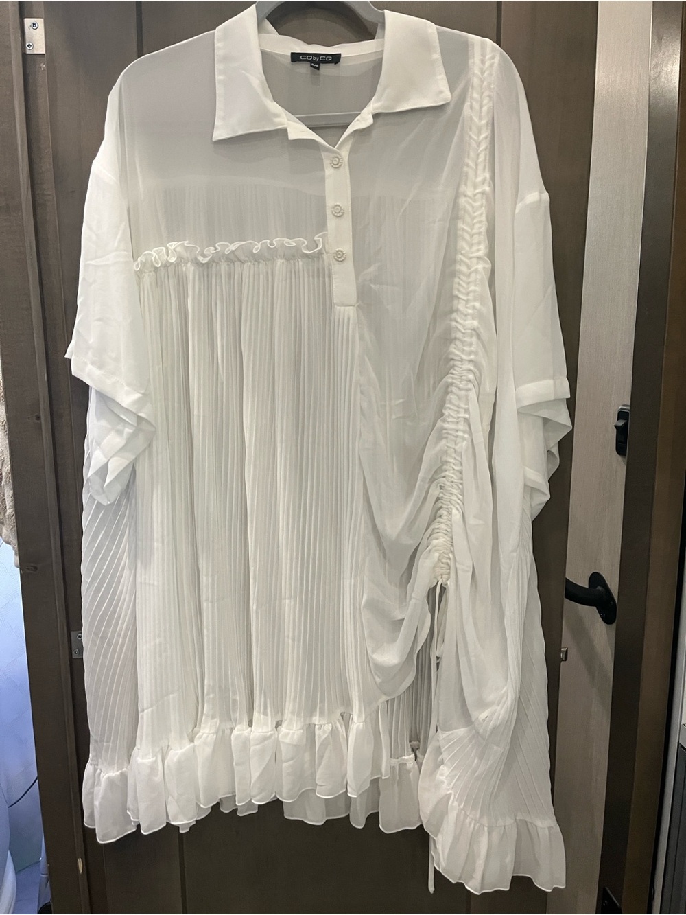 White Pleated Ruffle Button-Front Tunic